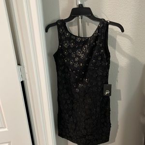 New with tag Adrianna Papel black mini cocktail dress with leather flowers